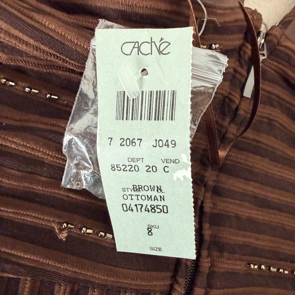 VTG Y2K Cache Top 8 Brown Beaded Halter Camisole Ottoman Stripe Party Blouse - Picture 4 of 16
